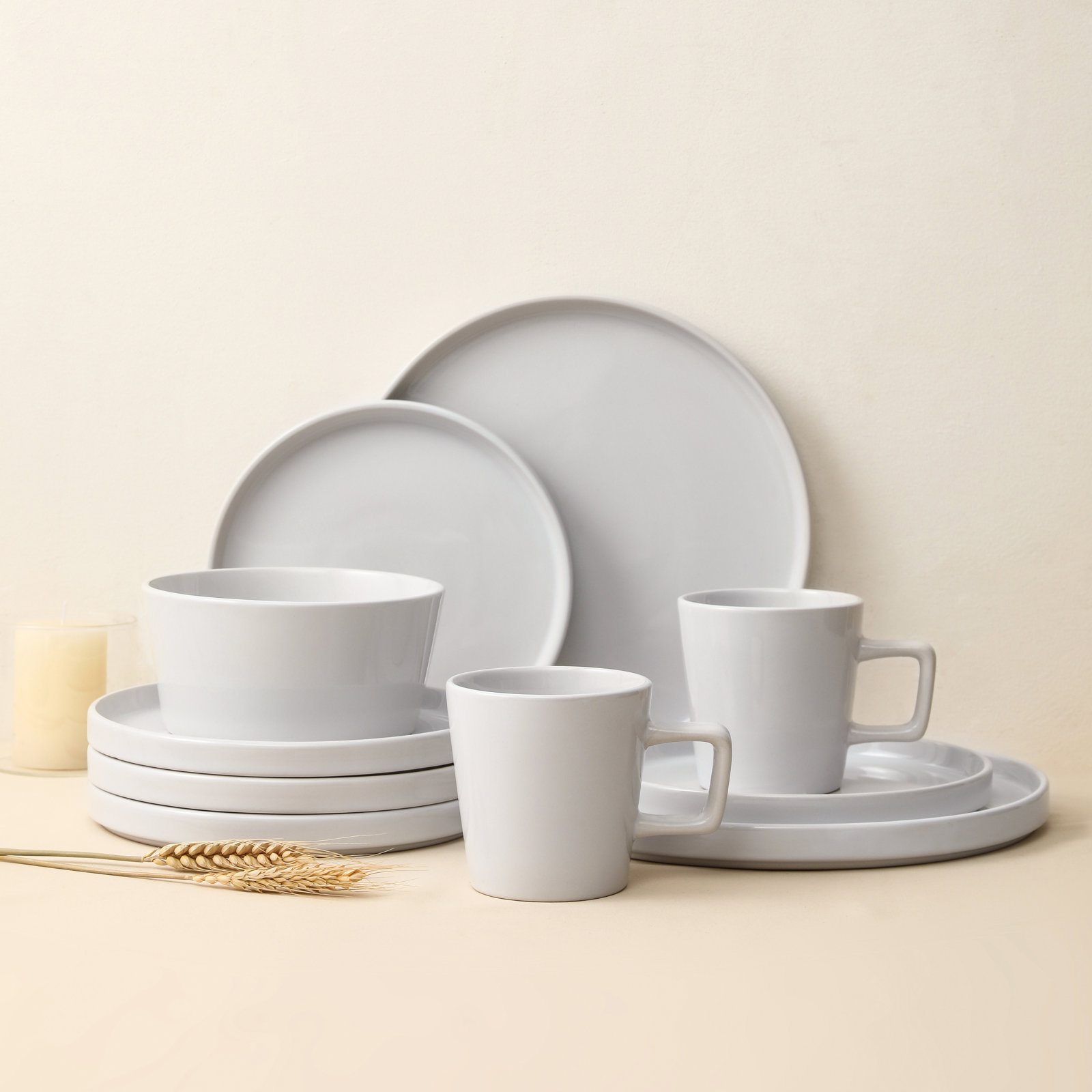 Celina Stoneware Dinnerware Set, Glossy White, 16