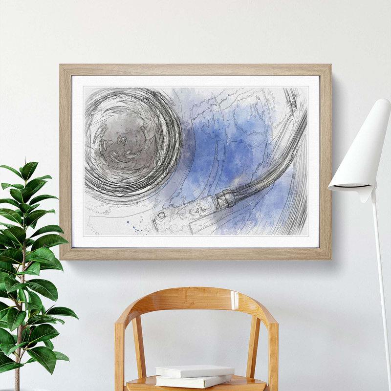 Blue Vinyl Record in Abstract - Picture Frame Drawing Print, 62cm H x 87cm W x 2cm D, Oak Framed