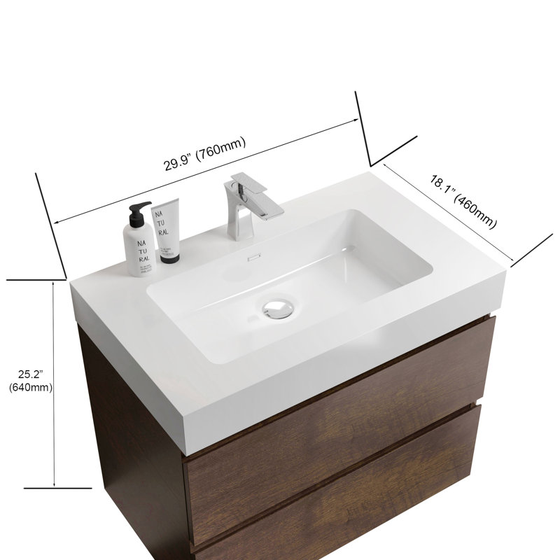 30 Inch Wall-Mounted Single Bathroom Vanity with Solid Surface Top with Overflow, Pre-Assembled, Walnut, White, 30"