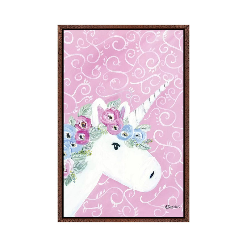 Floral Unicorn II 1 Piece Painting on Canvas, 101.6cm H x 66.04cm W x 3.81cm D, Classic Brown Wood Framed