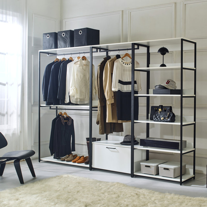 Garde-robe autoportante blanche - matériaux chauffants, compartiments de rangement très profonds, système de bois Made In & Walk blanc, structure en métal, rangement, eau, panneau Stain Scratch E0, bord à double épaisseur