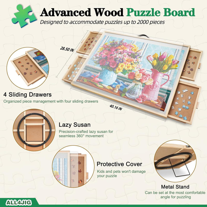 2000 casse-tête 2 en 1 inclinable et rotatif 2000 pièces, planche à puzzle à angle réglable 40,16 po x 28,5 po avec 4 tiroirs et housse de protection transparente, cadeau d'anniversaire pour maman