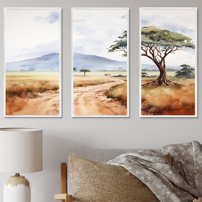 «African Wild Life Landscape III», ensemble d'art mural africain, Cadre flottant blanc, H 32 po x l 48 po x P 1 po