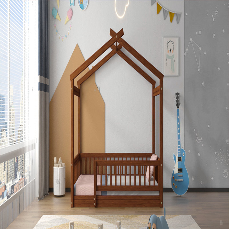 Cadre de lit en bois avec clôture pour enfants, adolescents, filles et garçons, Lit simple, Marron foncé