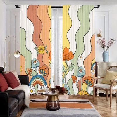 2Pcs Bohemian Retro Mushroom Curtains, Psychedelic Hippie Floral Rainbow Wave Pattern Window, Sun-shading Drapes For living room bedroom Kitchen Rod Pocket