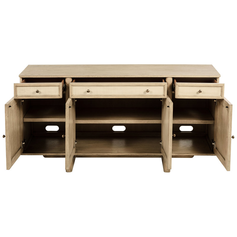 Ensemble de salle à manger 10 pièces avec fini chêne beige, table rectangulaire extensible, chaises en rotin tressé et buffet de rangement pour anniversaire, style bord de mer, dossier escamotable amovible.
