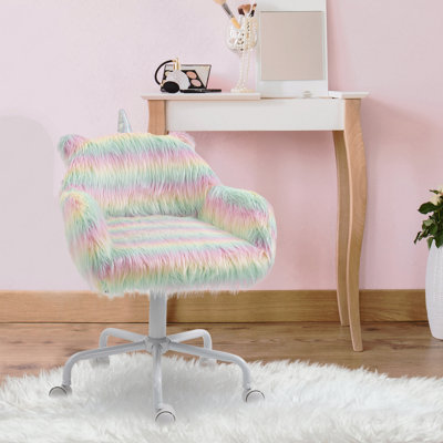Rainbow Fluffy Unicorn Office Chair, With Mid-Back And Armrest Support, 5 Star Swivel Wheel White Base