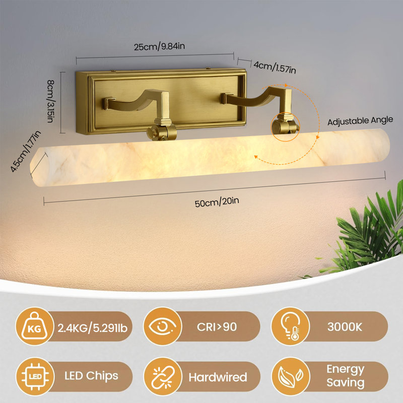 Luminaire de salle de bain à DEL 12 "à intensité variable avec abat-jour albâtre, Laiton brossé