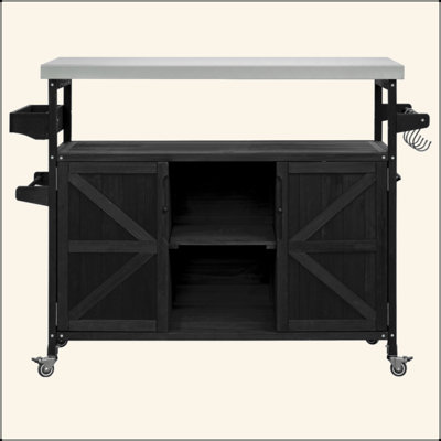 Kitchen Island, Rolling Bar Cart & Storage Cabinet, Farmhouse Solid Wood Outdoor Grill Table With Stainless Steel Top, Spice Rack , Towel Rack For Kitchen & Barbecue