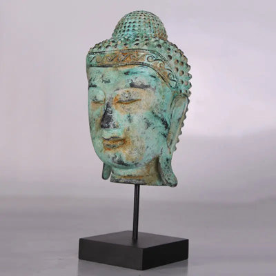 Ancient Buddha Head on Stand Statue