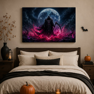 Personnage sombre encapuchonné tenant une faux sur toile rose lumineuse, art mural d'Halloween