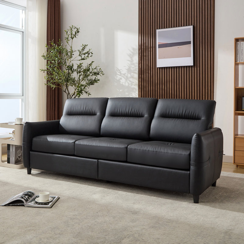 Azem 85.4'' Faux Leather Round Arms Sofa, Black