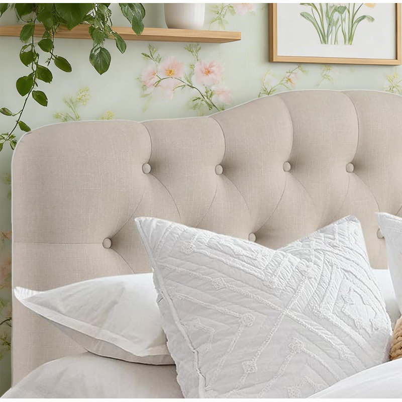 Tête de lit capitonnée tapissée à oreilles, tête de lit en bois massif avec pieds en bois, tête de lit à hauteur réglable de 47 po à 63 po, tête de lit en tissu au design moderne, beige