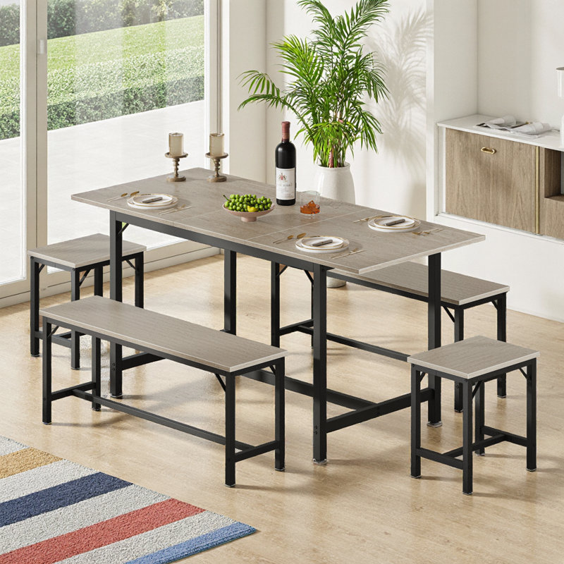 Ensemble de table de salle à manger extensible pour 4-8 à 63 pouces de large plateau de table en bois brun rustique extensible avec structure en métal, 2 bancs et 2 tabourets, peu encombrant pour la cuisine, les appartements ou les rassemblements