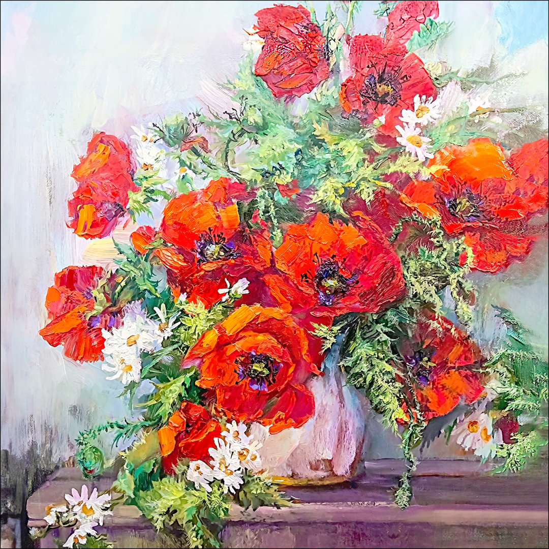 Still Life With Red Flowers – Rahmenloser Kunstdruck auf Floatglas