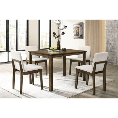 5pc Dining In Dark Walnut Colour Tone, Rectangular Table With 4 Chairs, Transitional Style, Cushioned Seats Beige, Rubberwood Veneered Top Group , Beige Fabric, Made Of Veneer