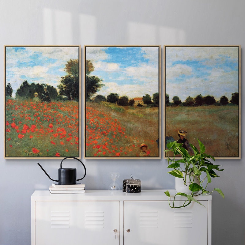 Les Coqueliquots, reproduction sur toile 3 pièces, Encadré naturel, H 36 po x l 75 po x P 2 po
