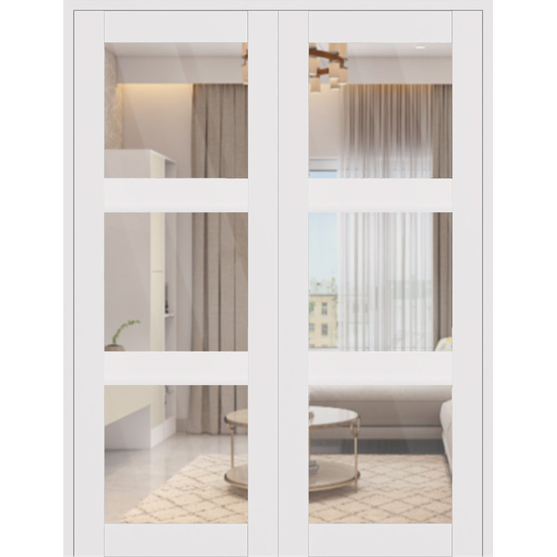 Smart Pro 3 Lite Active Polar White Clear Glass Manufactured Solid Core Double Prehung Interior Door, Reversible