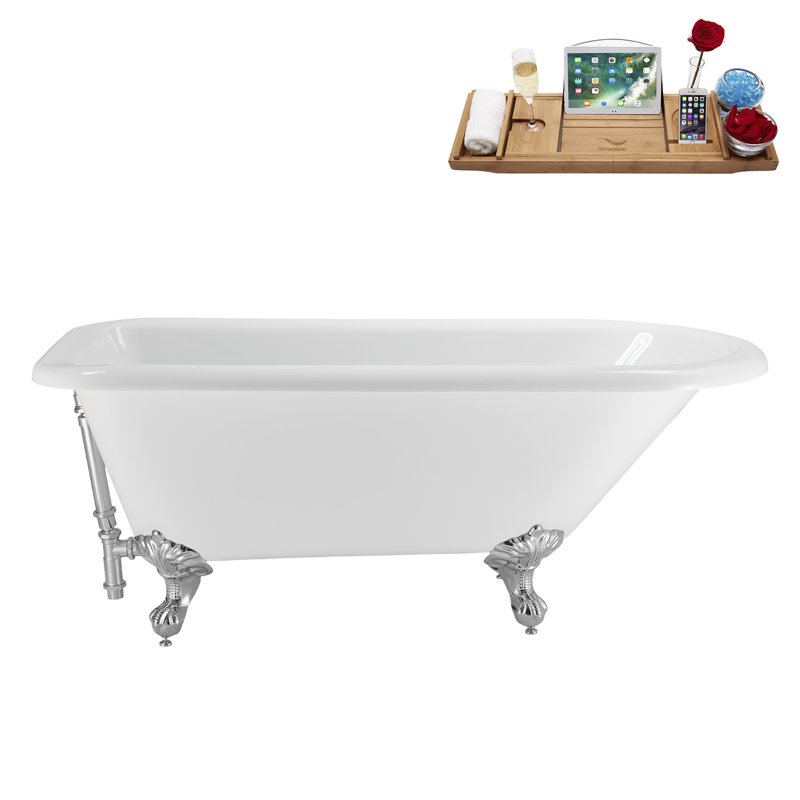 62" Streamline Clawfoot Tub,Tray,Drain, Clawfeet, Polished Chrome, Polished Chrome