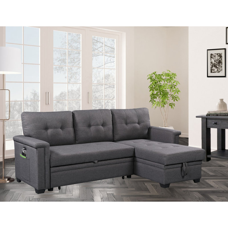 Canapé-lit modulaire réversible gris foncé Nathan de 84 po avec méridienne de rangement, ports de chargement USB et poche