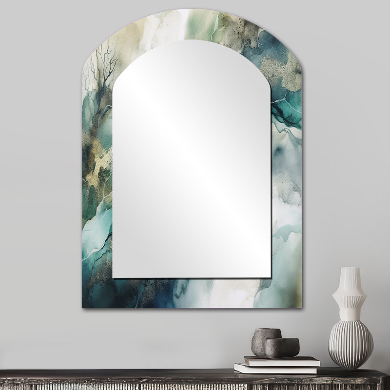 Green Blue Marbled Dreamscape I - Modern Arch Wall Mirror, 34" x 25"