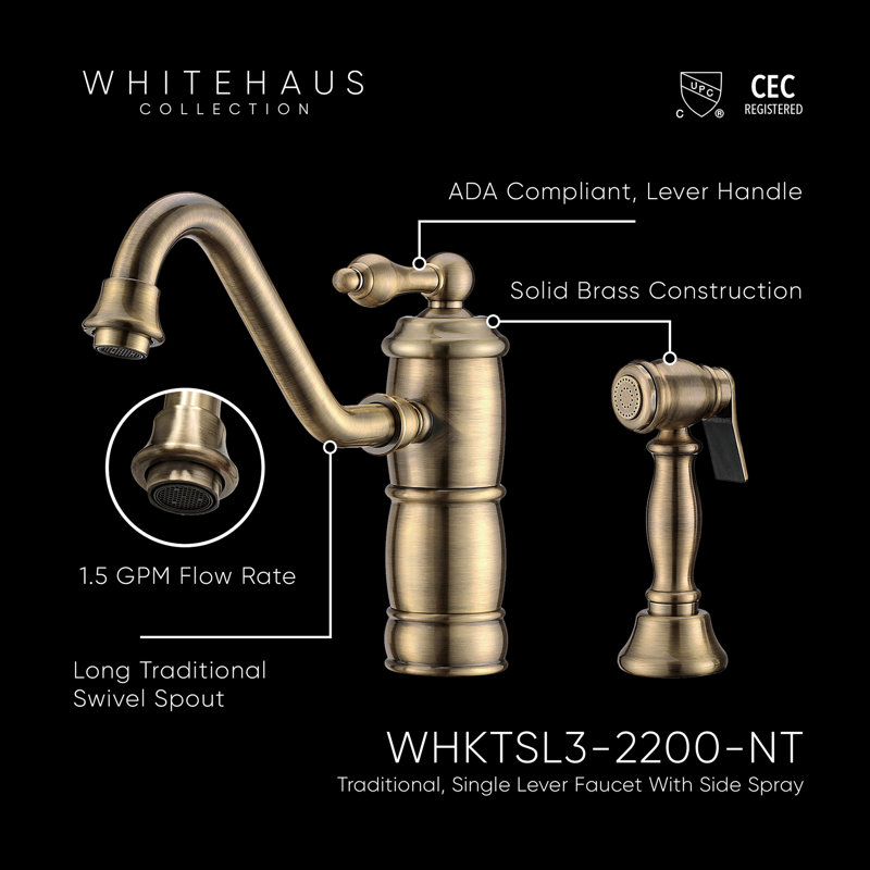 Whitehaus Collection Single Lever Faucet with Traditional Swivel Spout and Solid Brass Side Spray, Antique Brass