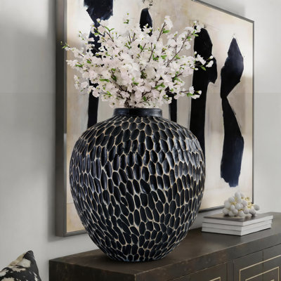 High-Fired Matte Black Ceramic Table Vase, Scale Textured Flower Vase with Hand-Rubbed Gold Accents, Bulbous Round Artisan Statement Vase for Living Room & Modern Home Decor