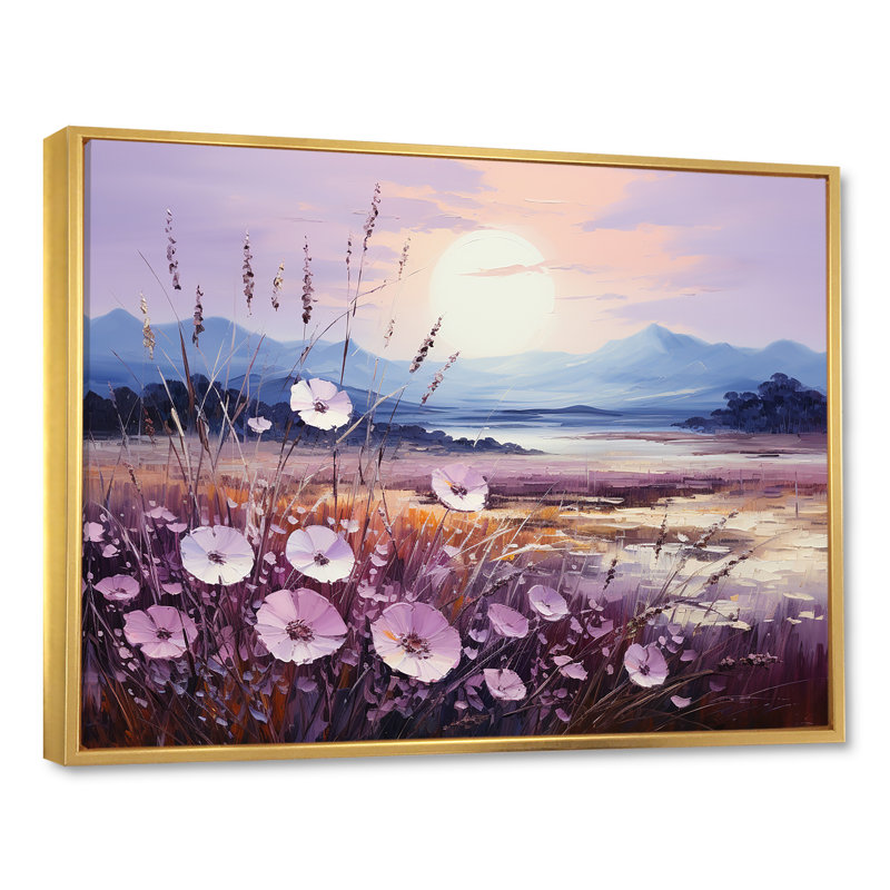 Harmonious Violet Flowers Field I sur toile, Cadre flottant doré, H 12 po x l 20 po x P 0,5 po