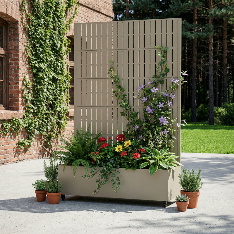 Boîte à fleurs en métal avec treillis et roues, Frêne olive, H 72 po x l 47 po x P 17 po, 1