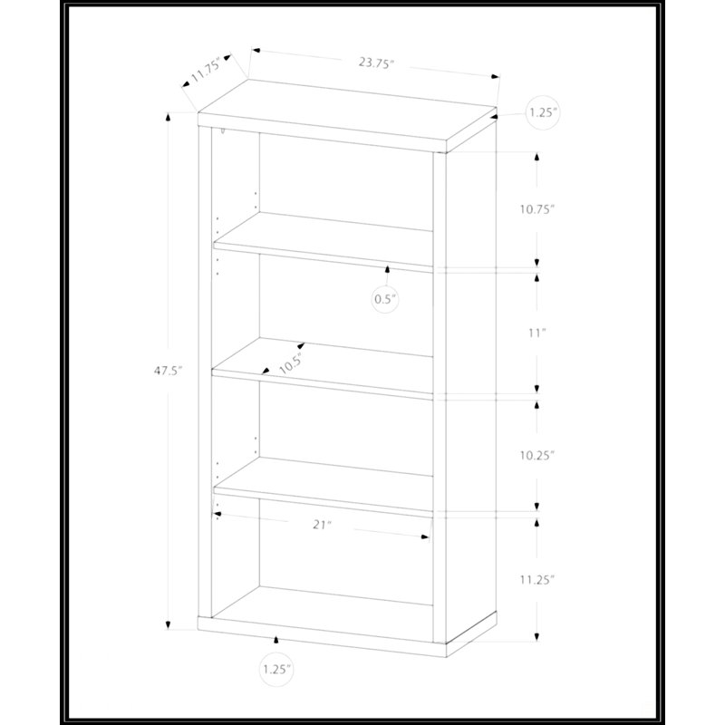 Bookshelf, Brown, (4 Shelves) 47.5"H x 23.75"W x 11.75"D