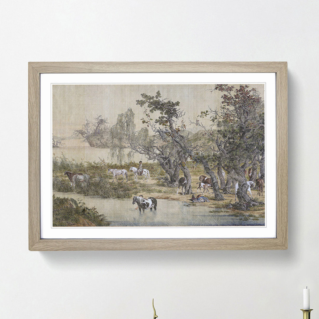 Horses by the Stream by Lang Shining - Framed Print