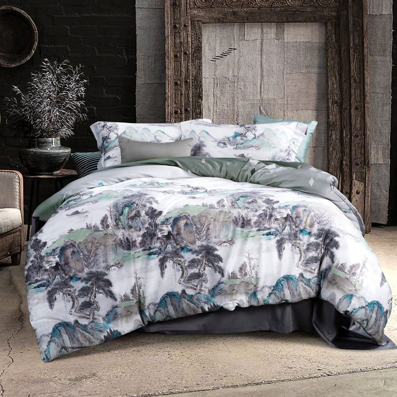 Allure 500TC Duvet Cover Set 100%  Long-Staple Cotton Chinese Mountain Paint Patterned Sateen Comforter Cover 3Pcs With Zipper Closure & Corner Ties,King