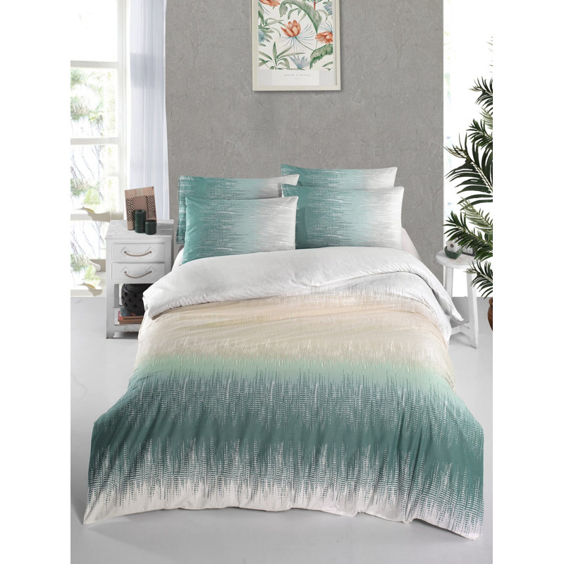 Ensemble de housse de couette luxueuse simple XXL Ranforce, 61 x 87 | 100% coton, 145 fils, vert, blanc et beige | Lavable à la machine, housse de couette et enveloppe à fermeture à boutons | Literie douce, durable et élégante