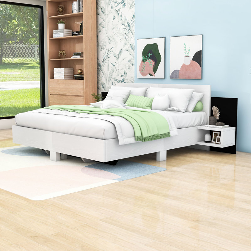 Modern Floating Platform Bed with LED Lighting and Built-in Nightstands, King, White