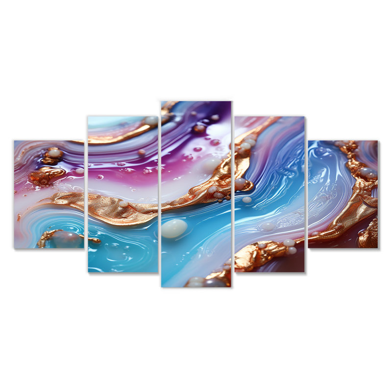 Opulent agate azur Dreams Glam - ensemble d'art mural en marbre 5 pièces, H 32 po x l 60 po