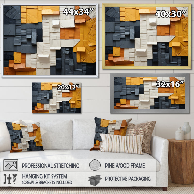 Cubique jaune et fibre grise I - Imprimé, Encadrement doré, H 16 po x l 32 po x P 1 po