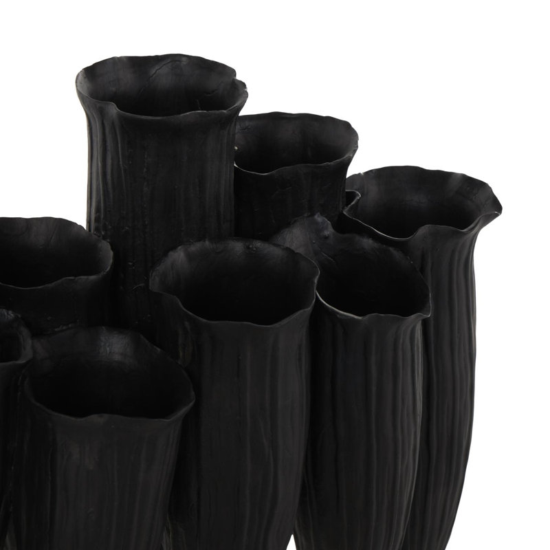 Lark Manor™ Ceramic Floral Inspired 10 Openings Abstract Vase With Linear Grooves, Black