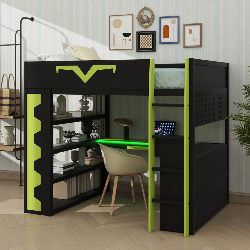 Full-Size Gaming Loft Bed With Built-In Desk & LED Lighting, Pro-Gamer Bed With Power Outlet, Spacious Bookshelf, Pegboard, Keyboard Tray & Storage Drawer