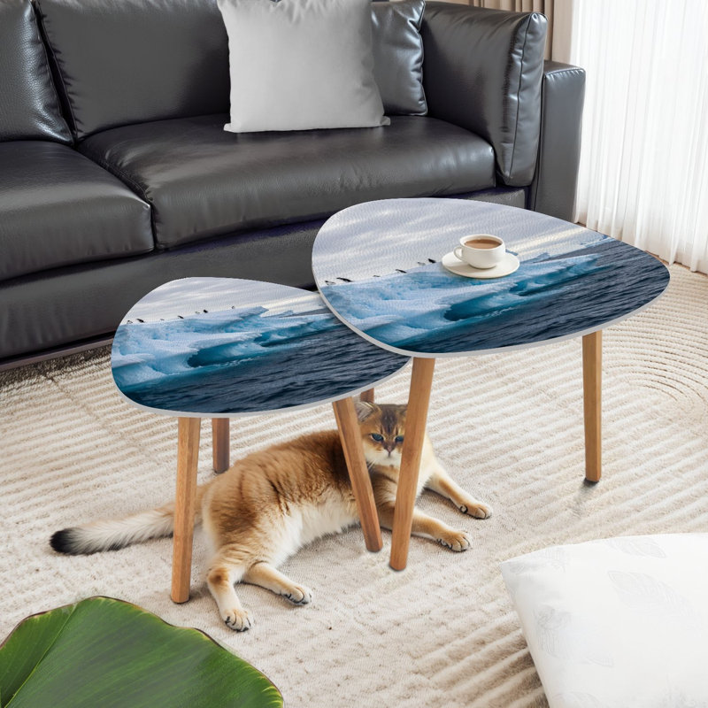 Triangle Nesting Coffee Table Set of 2 An Antarctica nature scene group five Adelie penguins floating End Table Modern Minimalist Side Table Set for Living Room Bedroom