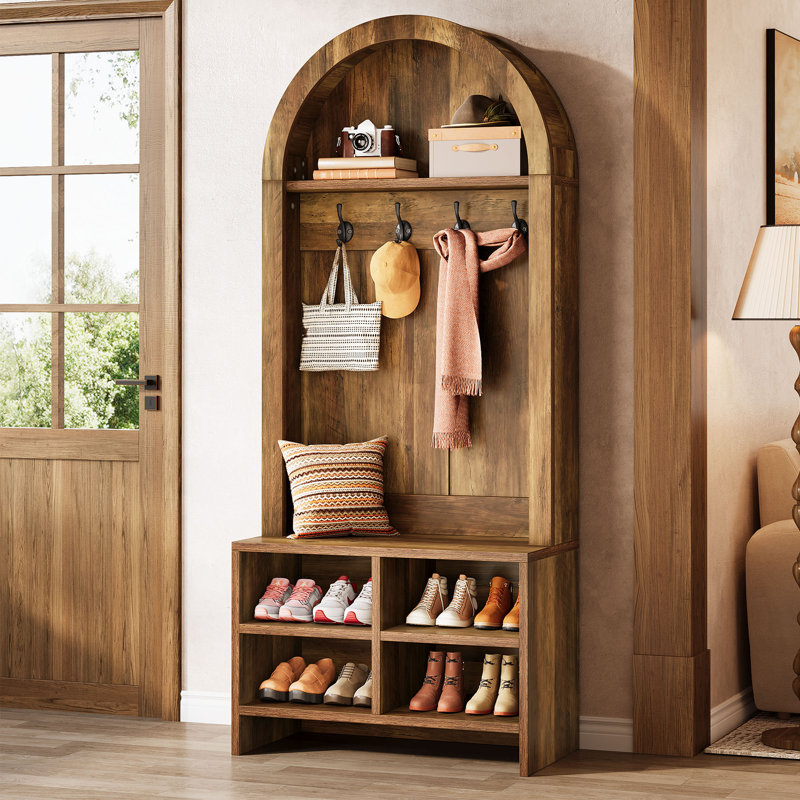 70.87" Hall Tree with Shoe Storage Bench, Arched Coat Rack with 4 Hooks & 4 Shoe Cubbies, for Mudroom, Entryway, Rustic Brown
