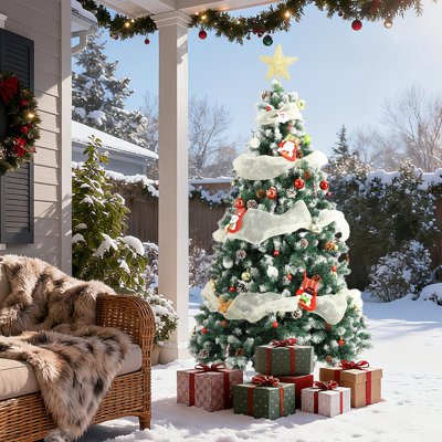 6 FT Flocked Christmas Tree with Pine Cones | Realistic Spruce Artificial Tree | Christmas Decoration Compatible | Dense Branches | Sturdy Base Holiday Festive Tree