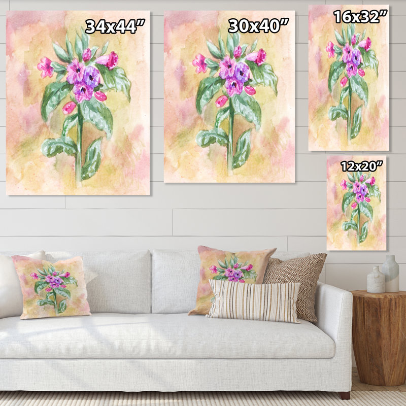 Fleur de lungwort rétro - œuvre d'art traditionnelle sur toile, H 40 po x l 30 po x P 1,5 po, Toile tendue