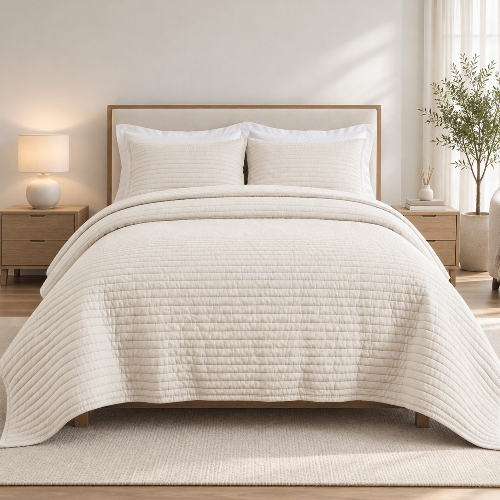 100% French Linen Channel Quilted Breathable Quilt Set With Shams, King Quilt + 2 King Shams, Eggnog