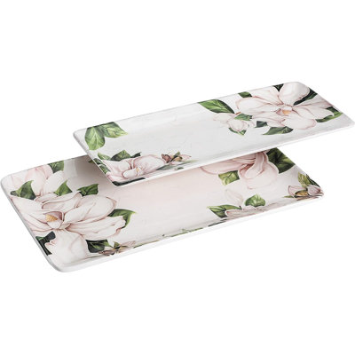 Set of 2 Ceramic 14 inch Rectangular Serving Platter Magnolia Floral