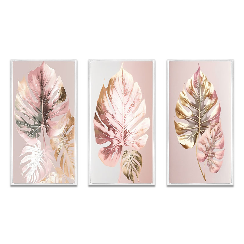 «Feuille II», 3 pièces sur toile, Cadre flottant blanc, H 40 po x l 60 po