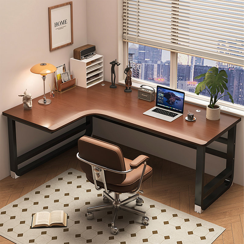 Bureau en bois massif en forme de L brun noyer + noir, H 29,13 po x l 55,12 po x P 39,37 po