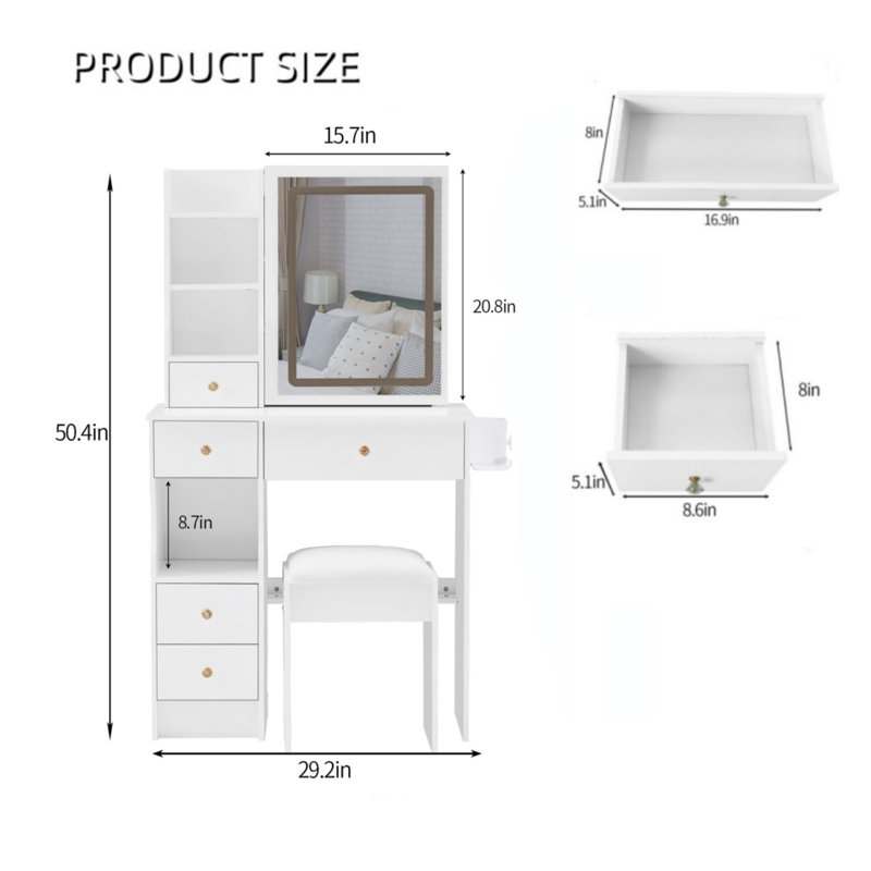 Commode de table 29,2 po avec tabouret rembourré, Blanc