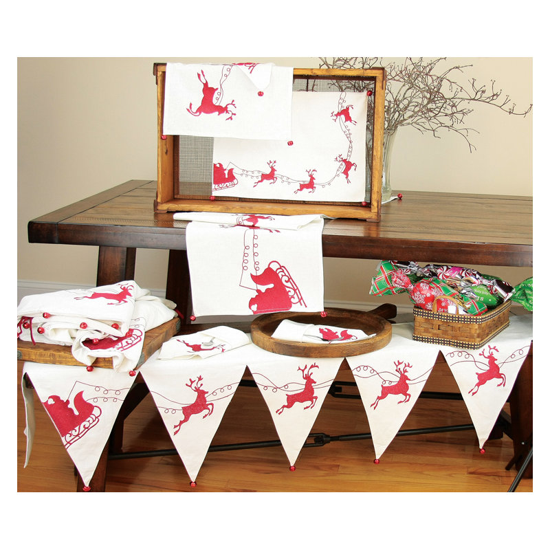 Sleigh with Bells and Reindeer Crewel Embroidery Table Runner, 54" L x 16" W