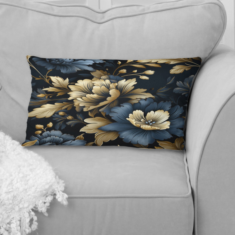 Dark Blue And Golden Gilded Damask Glamour V - Damask Printed Throw Pillow
