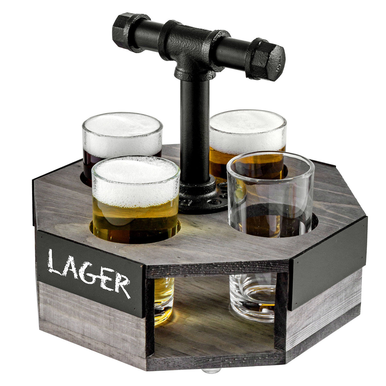 MyGift Burnt Brown Wood Beer Flight Tasting Sampler Server Set with 4 Beer  Glasses, Chalkboard Label & Black Metal Handle